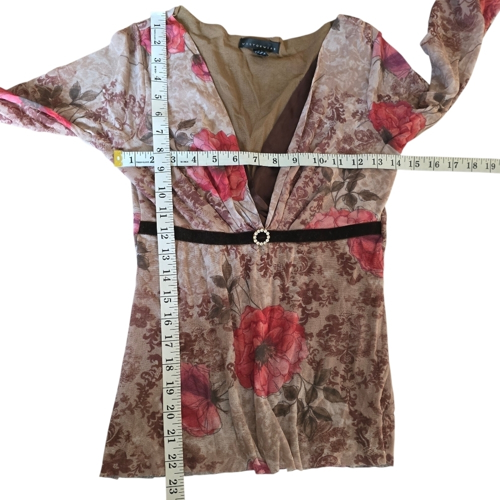 Weston Wear Floral Mesh Top V-Neck Sheer Overlay M - Picture 7 of 11